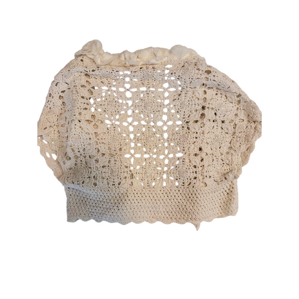 Vintage Y2K Betsey Johnson M/L Cream Crochet Cardigan Beaded Ruffle Boho - Picture 2 of 7